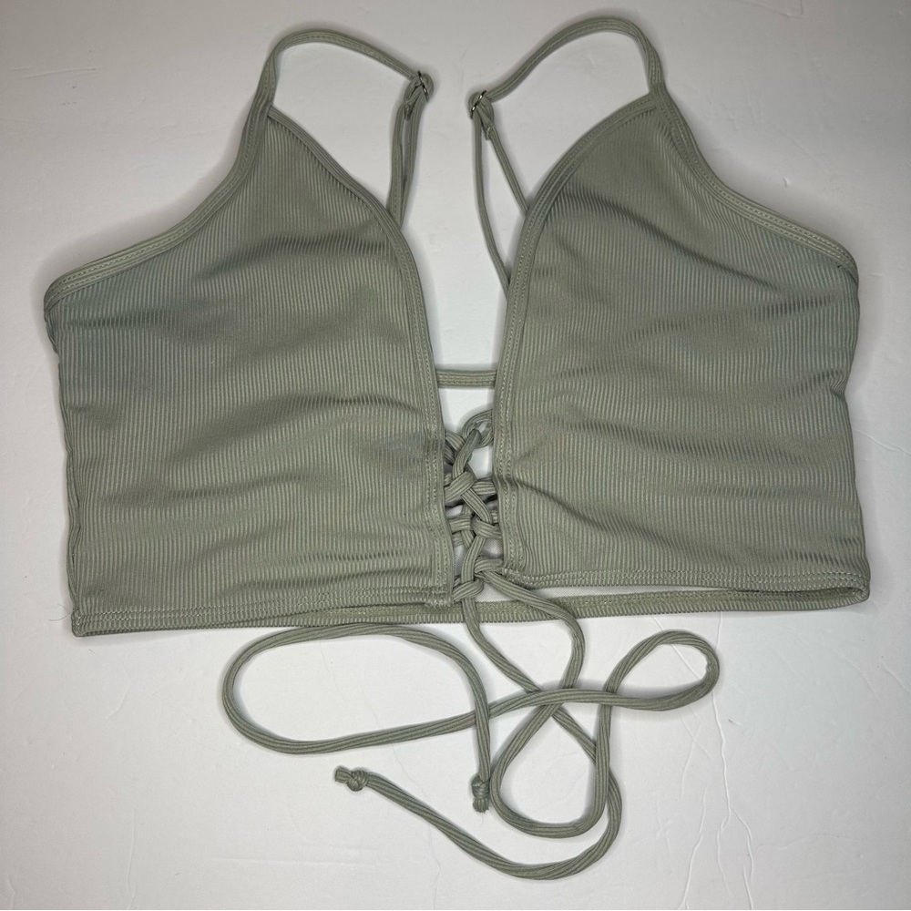 Sage Green Ribbed Crop Top Swim Top Size 0XL Straps Adjustable Balletcore